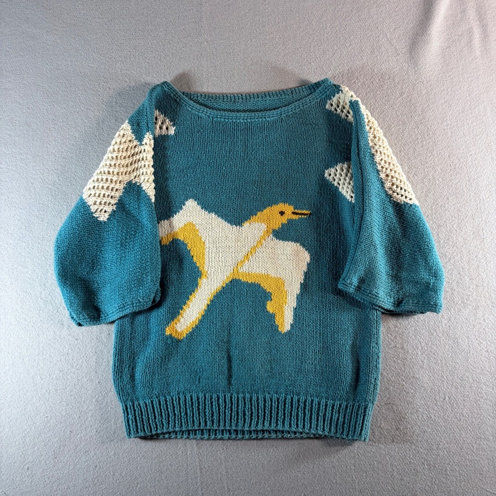 Vintage Style Teal Knit Seagull Bird Short Sleeve Sweater Top Womens Small